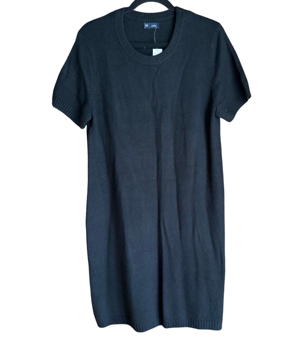 GAP Black Short Sleeve Knit Sweater Dress Sz L Minimal Classic Modest Chic Fall